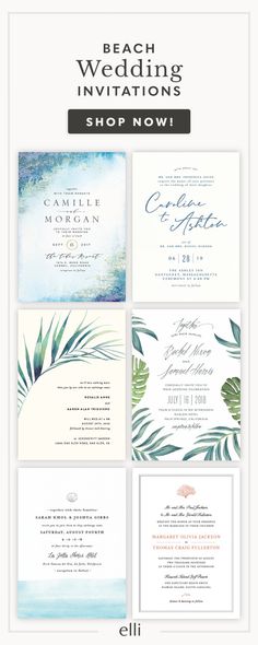 the beach wedding stationery is shown with tropical leaves and watercolors