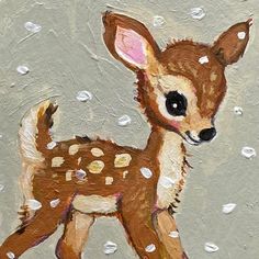 an acrylic painting of a baby deer in the snow with white dots on it's fur