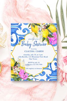 Blue tiles lemon bougainvillea baby shower budget invitation template affordable printed invitations Mediterranean Birthday, Amalfi Positano, Greek Party, Morocco Style, Elegant Baby Shower, Personalized Napkins, Pinterest Ideas