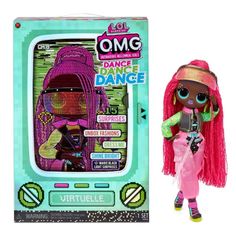 a doll with pink hair is in front of a box that says omg dance