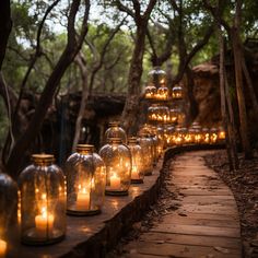 many lit candles are lined up in glass jars on a wooden walkway surrounded by trees