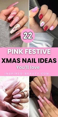 22 Pink Christmas Nails You'll Love too - Inspired Beauty Pink And Blue Christmas Nails, Hot Pink Christmas Nails, Santa Hat Nails, Pink Christmas Nails, Pastel Pink Nails, Glitter Tip Nails, Xmas Nail Art, Red Christmas Nails, Pink Glitter Nails