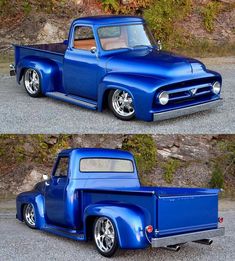 two pictures of an old blue pickup truck