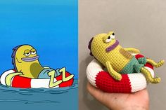 a hand holding a crocheted toy next to an image of a cartoon character