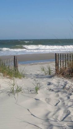 the beach is covered in sand and sea oats with waves coming in from the ocean