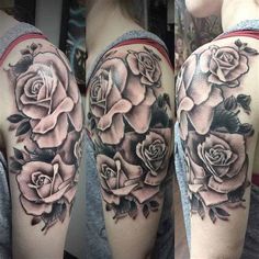 three different views of a woman's shoulder and arm with roses tattooed on it