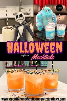 this image shows three different pictures. One with Sully from monsters inc and sully themed drink, one with a Jack Skellington themed drink and one with three orange drinks with black staws and Halloween Sprinkles. Kid Friendly Halloween Drinks, Halloween Themed Drinks, Drinks For Kids, Disney Dishes, Apple Drinks, Kid Friendly Halloween, Kid Drinks, Dinner And A Movie, Themed Drinks