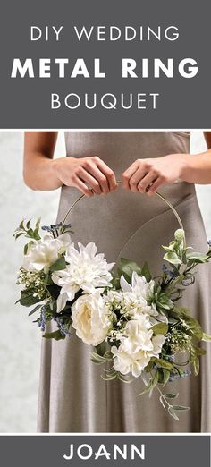 a woman in a dress holding a flower wreath with the words diy wedding metal ring bouquet