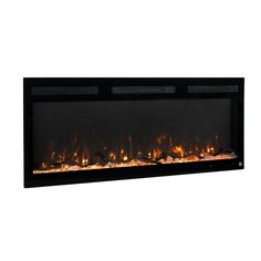 an electric fireplace with flames and rocks