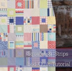 a quilt made with squares and strips is shown in front of a wooden door that says,