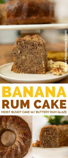 banana rum cake on a white plate with the title above it