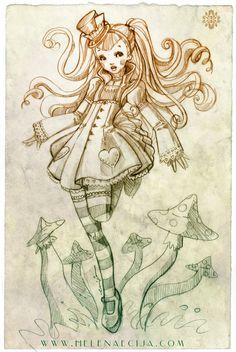 a drawing of a girl with long hair wearing a hat and holding a wand in her hand