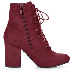 A pair of ankle booties features a lace-up front, a chunky high heel, and a classic rounded toe. A side zipper is added to ease you in and out. Lace Up Booties; Round Toe; Chunky High Heel; Vamp: Faux Suede; Outsole: Rubber; Heel: ABS; Heel Height: 3 3/8 inches; Occasion: Office, Interview, Party, Casual, Halloween days, Christmas Days, Dating, Evening. Elevate your body type and make you naturally look comfortable in your skin and body. Good options for parties, sweet dating, shopping, festival Fall High Heel Lace-up Boots With Stacked Heel, Winter Lace-up Boots With Stacked Heel, Fall Lace-up Boots With Block Heel, Medium Width, Fall Lace-up Boots With Block Heel And Medium Width, Fall Lace-up Boots With Block And Reinforced Heel, Fall Lace-up Boots With Reinforced Block Heel, Fall Lace-up Boots With Block Heel, High Ankle Lace-up Boots With Stacked Heel For Fall, Fall Lace-up Boots With Stacked Heel, Medium Width