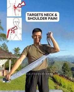 a man holding two large swords in front of his face and the caption says target's neck & shoulder pain