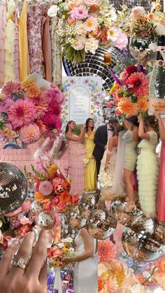 a collage of people dressed in different colored dresses and holding up their hands with flowers on them