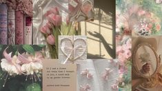 a collage of images with flowers and books