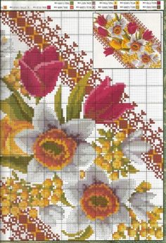 a cross stitch pattern with flowers and leaves on the bottom, in yellows and reds