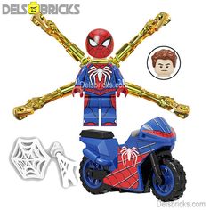 a lego spider man on a motorcycle with his arms spread out