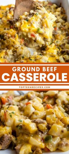 ground beef casserole in a white dish with a wooden spoon and text overlay