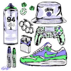 an image of various items that are in the shape of a hat and shoes, including a game controller