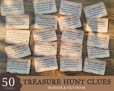 there are many pieces of paper with words on it that say, treasures hunt clues