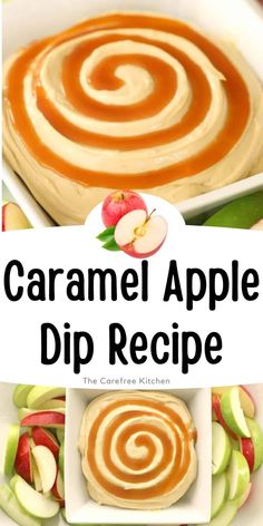 caramel apple dip recipe with apples in the background and text overlay that reads caramel apple dip recipe