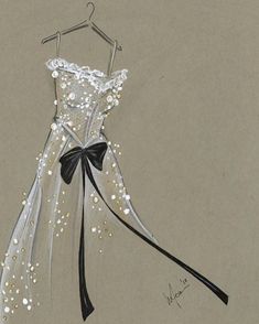 a drawing of a dress on a hanger with pearls and black ribbon around the waist