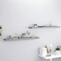 two shelves on the wall above a desk