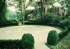 a circular driveway surrounded by hedges and trees