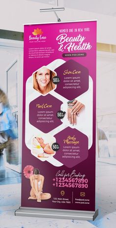 a purple roll up banner with images of women's hands and feet on it