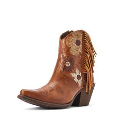 Pretty floral stitching and a pop of fringe add a whimsical touch to any outfit. Feminine and flirty, it'll be the star of your wardrobe, whether you're dressing for the rodeo or a festival.\n\t\tFlorence Western Boot | Women's Florence Western Boots in Tangled Tan, Size: 8.5 B / Medium by Ariat Mexican Boots, Ariat Cowgirl Boots, Cowgirl Ankle Boots, Floral Stitching, Fringe Ankle Boots, Vintage Cowboy Boots, Western Outfits Women, New West, Western Boots Women