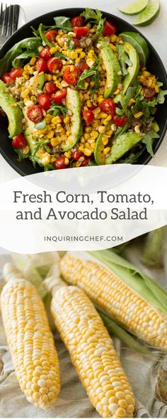 fresh corn, tomato, and avocado salad in a black bowl with text overlay