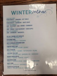 the menu for winter menu is displayed on a table