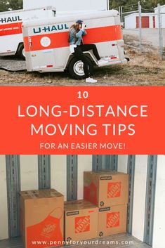 two moving trucks with the words 10 long distance moving tips for an easier move