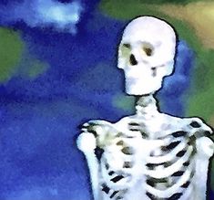 a drawing of a skeleton sitting in front of a blue and green background with the earth behind it