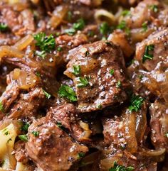 meat and onions with parsley in a bowl