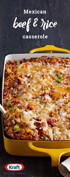 mexican beef and rice casserole in a yellow dish