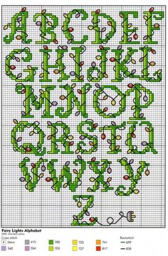 a cross stitch pattern with the letters and numbers in green, white and red colors