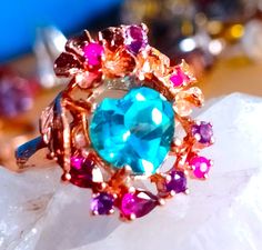 beautiful 9x9 mm. swiss blue topaz and multicolor tourmaline 925 silver sterling rose golden plate ring Luxury Multicolor Topaz Ring, Golden Plate, Swiss Blue Topaz, Wedding Basket, Blue Topaz, Tourmaline, Favorite Jewelry, Statement Rings, Topaz