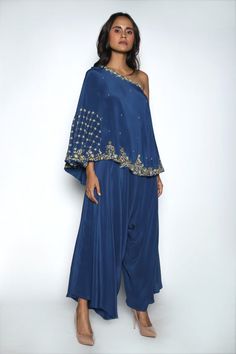 Festive Off-shoulder Party Sets, Draped Embroidered Party Set, Embroidered Draped Party Set, Festive One-shoulder Evening Sets, Embroidered Draped Sets For Evening, Draped Embroidered Evening Set, Traditional One Shoulder Party Set, Eid Evening Draped Sets, Indian Jumpsuit