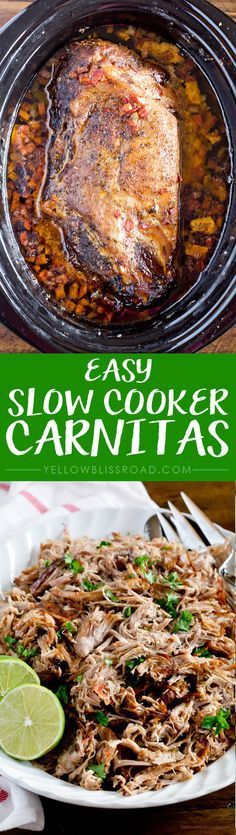 slow cooker carnitas recipe with the title in green and white above it