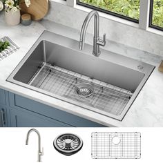 an image of a kitchen sink with grids and strainers on the counter top