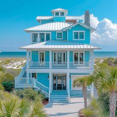 a large blue house sitting on top of a sandy beach