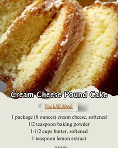 Cream Cheese 1 package 8 o\xc2\xb7unces softened\nButter 1\xc2\xbd cups softened\nCream Cheese Pound Cake Enjoy\n#CreamCheeseCake #PoundCakeRecipe Cheese Pound Cake Recipe, Cream Cheese Pound Cake Recipe, Lemon Cream Cheese Bars, Cream Cheese Butter, Cheese Pound Cake, Cream Cheese Bars, Pillsbury Recipes, Cheese Bar, Cream Cheese Pound Cake