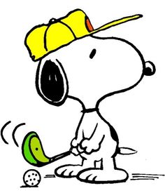 a drawing of a snoopy golf player wearing a yellow hat and holding a green ball