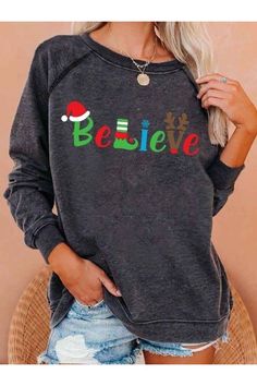 Dark Grey Casual Graphic Tops Round Neck Long Sleeve Believe Christmas Printed Sweatshirts Believe Christmas, Half Sleeve Blouse, Round Neck Sweatshirts, Christmas Print, Graphic Tops, Round Neck Sweaters, Navy Green, Casual Tops For Women, Sweater Sale