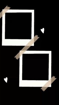 two white frames with hearts on them against a black background that has been cut in half