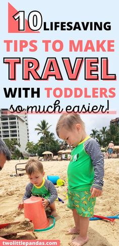 Two toddlers, dressed in bright green swimwear, are standing on a sand beach.  One is holding a bucket upside down, the other is staring down at the sand Baby On Plane, Toddler High Chair, Twin Toddlers, Two Year Olds