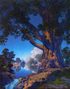 a painting of a large tree next to a body of water with clouds in the sky