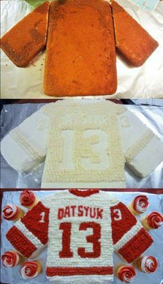 three cakes made to look like sports jerseys